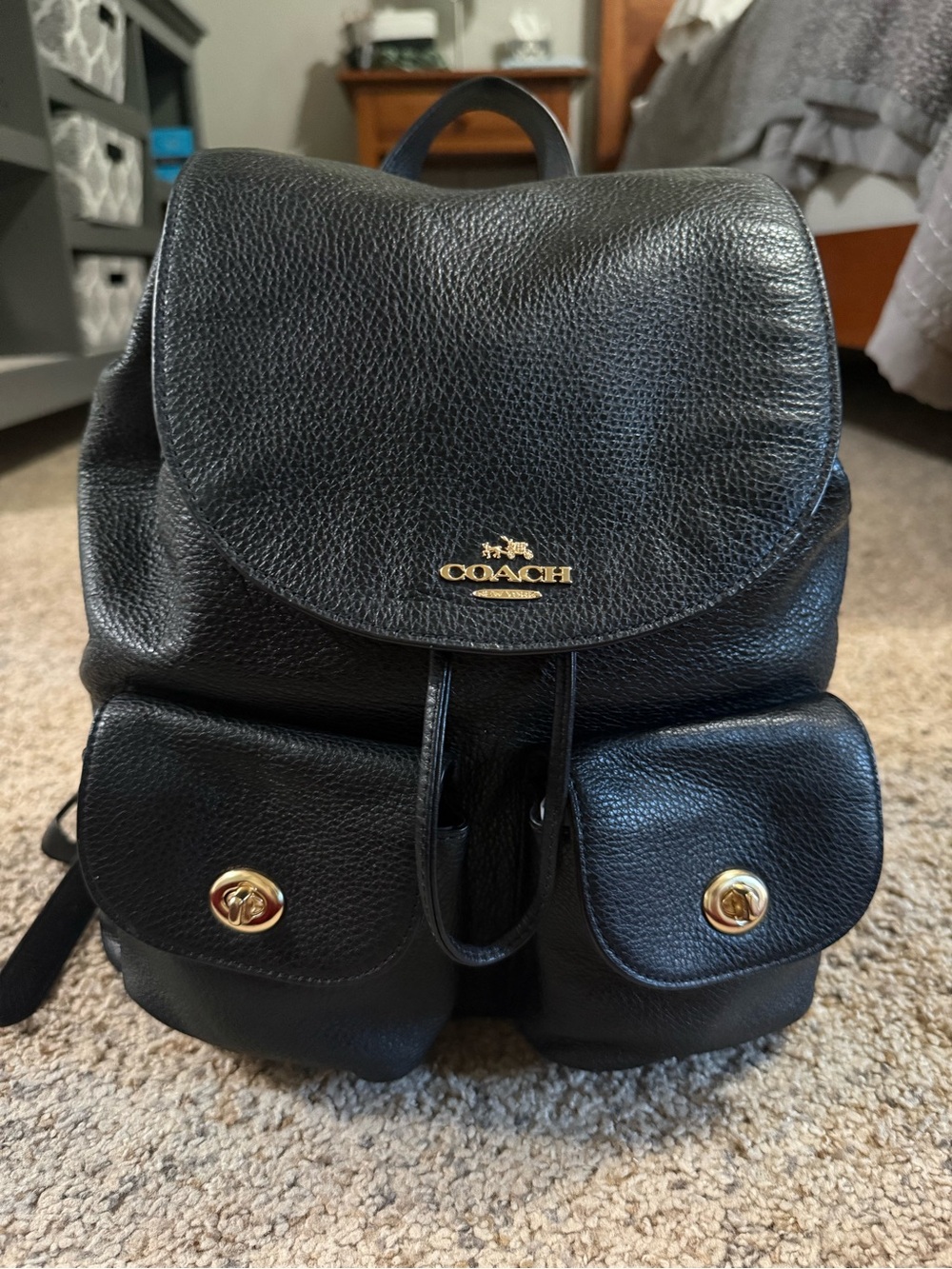Coach Black Pebbled Leather Flap Backpack with Gold Hardware